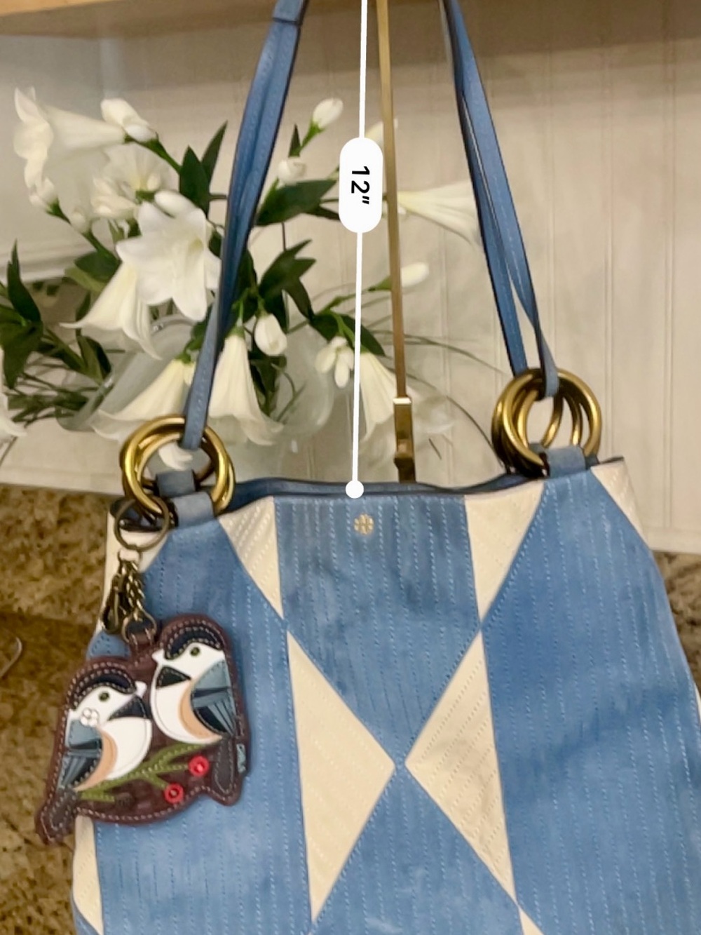 Tory Burch Patchwork suede blue and white Farrah tote - Picture 6 of 16